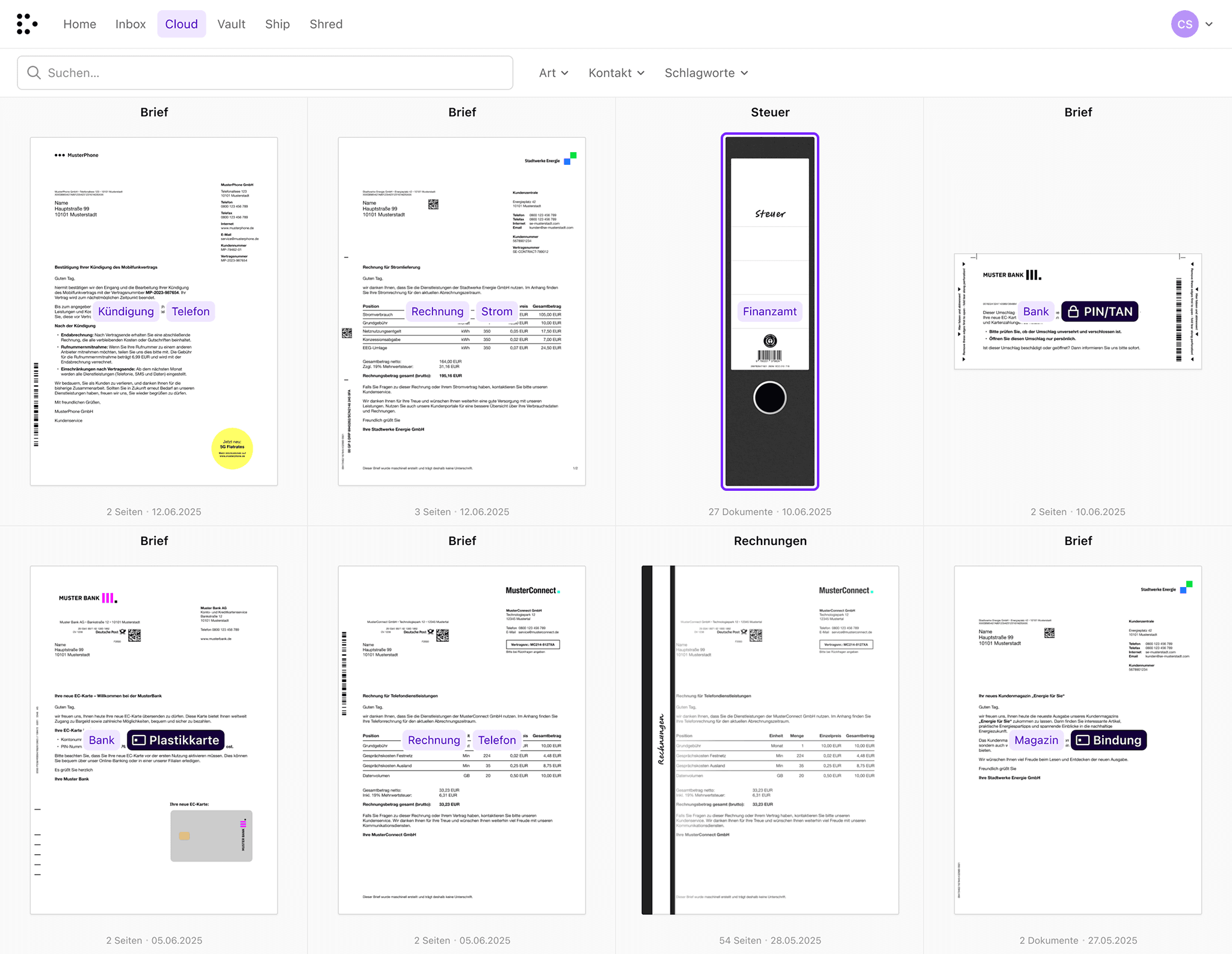 Dropscan digitales Postfach mit kategorisierter Post, Tags und Aktionsoptionen